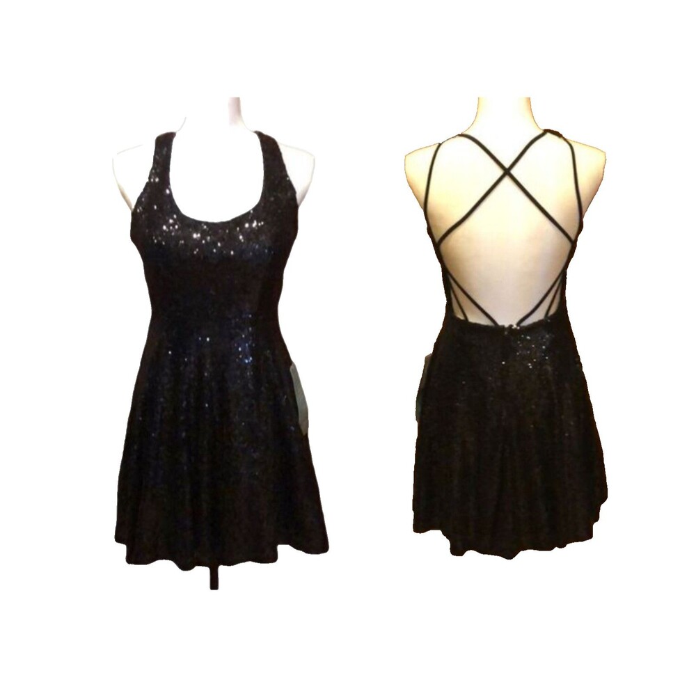 B. Smart Black Sequin Fit & Flare Dress Juniors 7 Open Strap Back Event Party